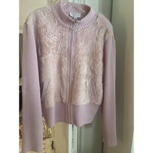 St. John Sport Lamb Fur Wool Blend Zipper Cardigan Sweater XL Pink